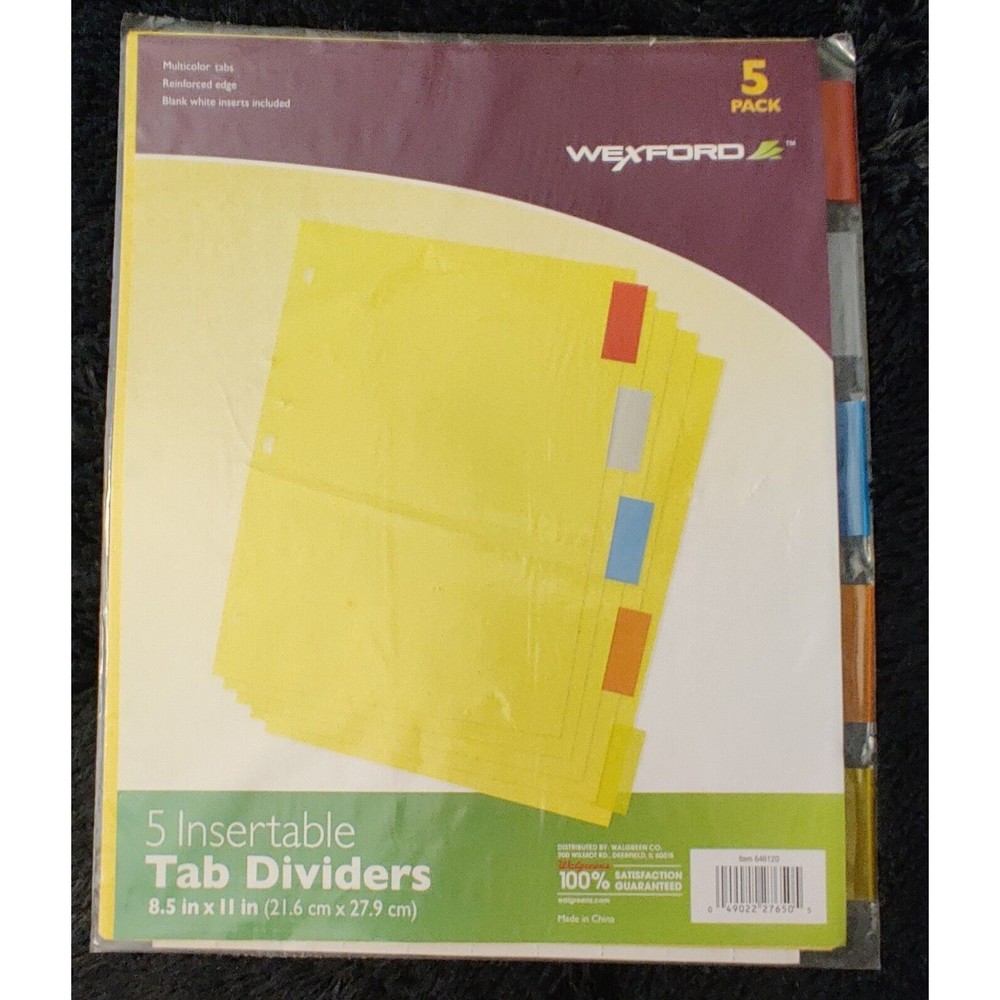 WEXFORD 5 pack insertable multi color tab dividers and blank inserts 8.5" x 11"
